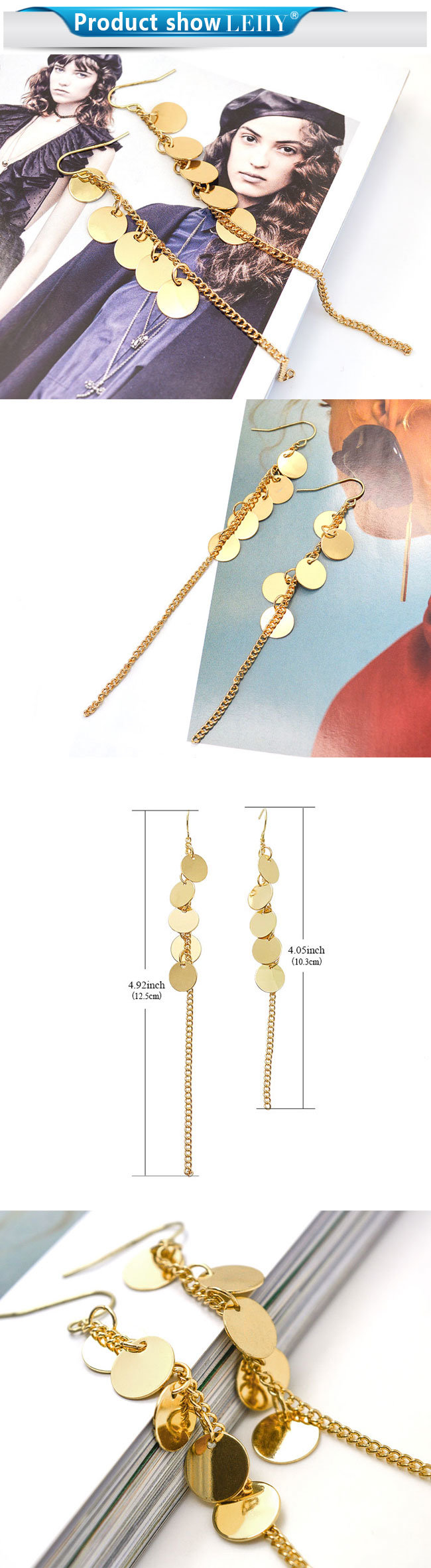 Gold-Tone Women Fashion Drop Earrings with Chain in Disc-Shape Pendant