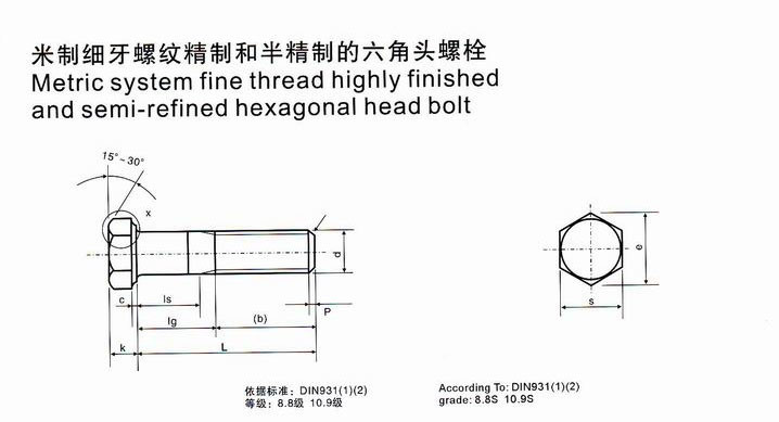 Metric System Fine Thread Highly Finished and Semi-Refined Hexagonal Head Bolt