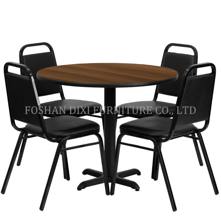 Round Black Table with Black Trapezoidal Back Banquet Chairs X-Base