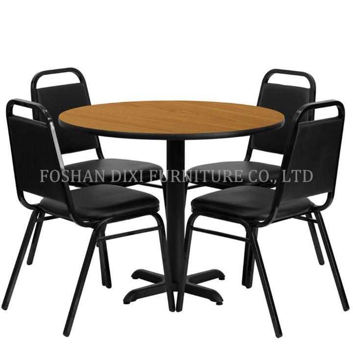 Round Black Table with Black Trapezoidal Back Banquet Chairs X-Base