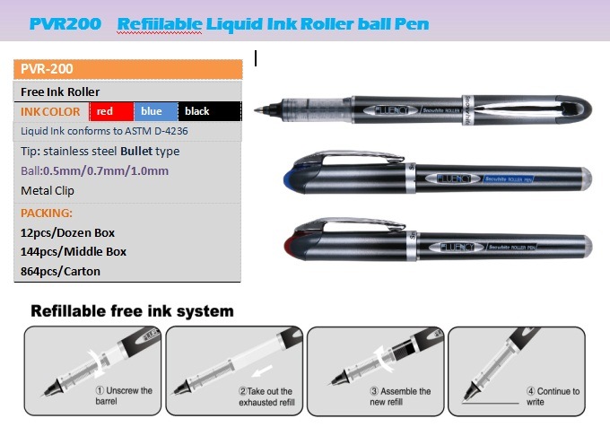 Office Supply Liquid Ink Roller Pen PV200 with Refillable Style