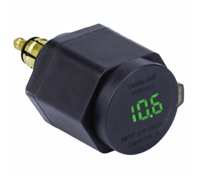 12V-24V Dual USB Charger DIN Plug LED Voltmeter for Motorcycle