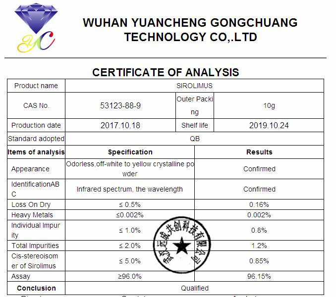 99% Purity Rapamycin/Sirolimus for Antitumor Use 53123-88-9