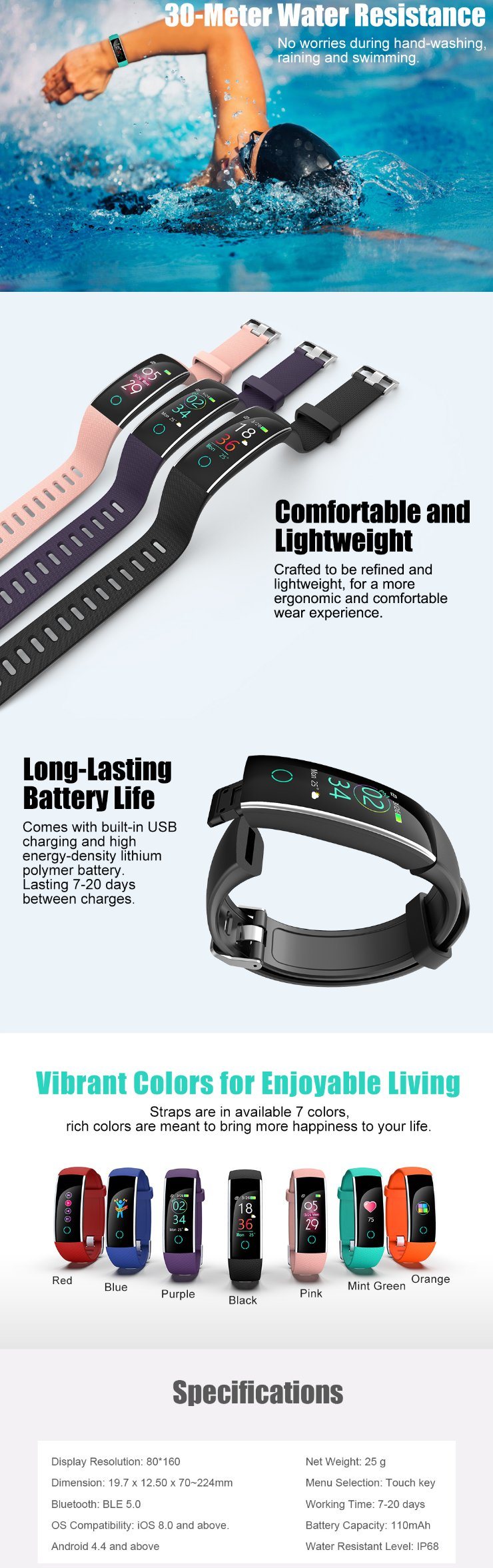 Fashion Watch Bracelet C20 with Music Play, Running, Swimming, Hiking, Riding, Climbing, Heart Rate Monitoring, Blood Pressure, Blood Oxygen Saturation