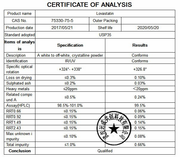 Lovastatin 75330-75-5 with Purity 99% Made by China Manufacturer