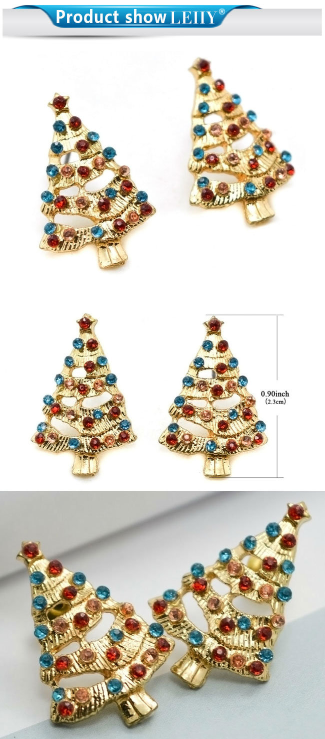 Christmas Trees Crystal Casting Alloy Stud Earrings in Plating Gold