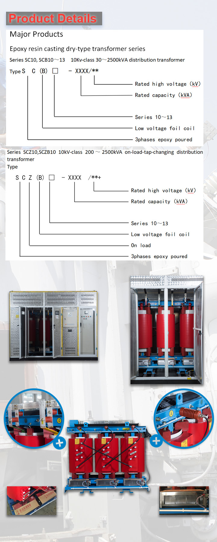 Epoxy Resin Cast 10kv 30-2500kVA 3 Phase Power Frequency Distribution Dry Type Transformer