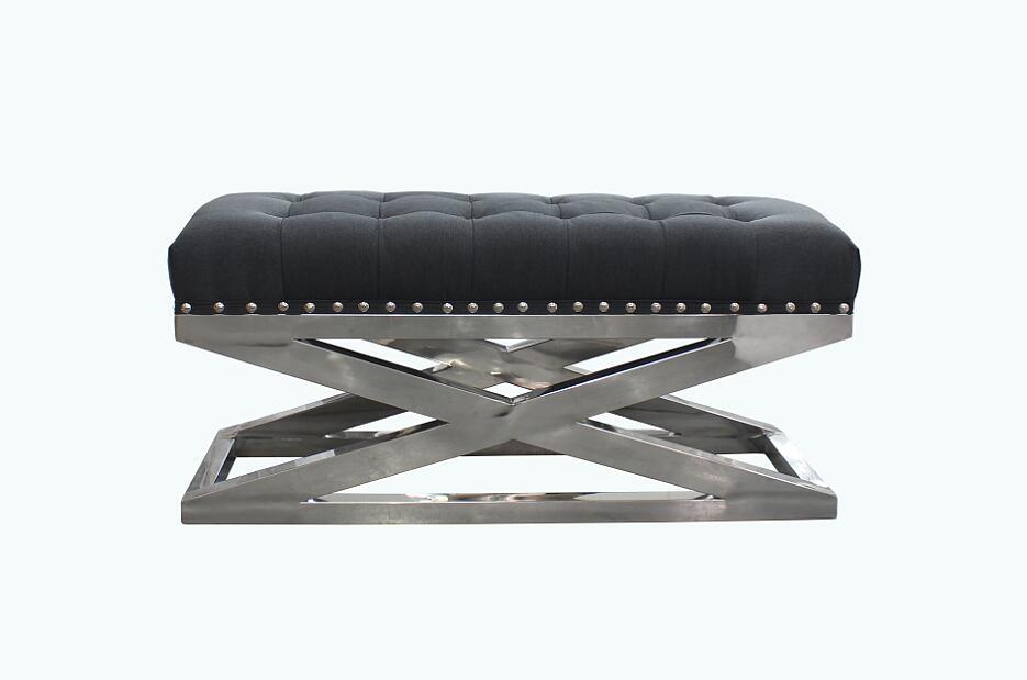 San Francisco Dark Grey Fabric Ottoman, Cross Stainless Steel Base Fabric Ottoman, Bench F-55