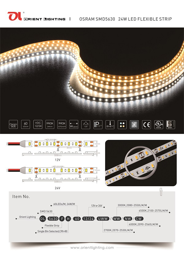 Ce UL Osram5630 60LEDs/M 24W 24V IP20 3000K LED Strip Light