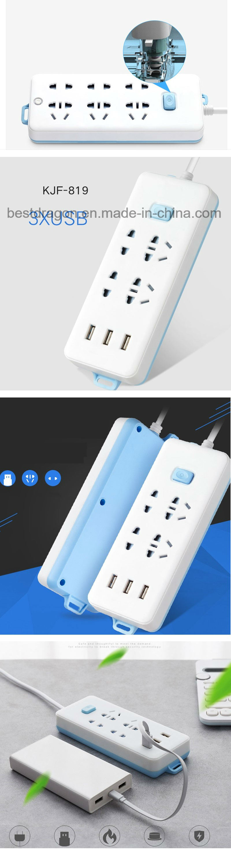 Power Strip 3-Outlet Surge Protector with 4-USB Charging Smart Power Socket with 6.5FT Extension Cord