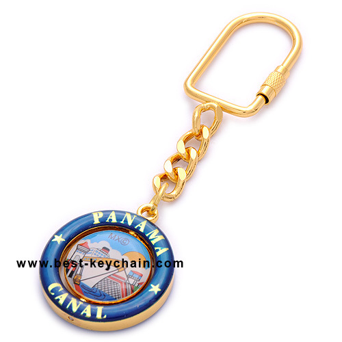 Gold Souvenir Panama Canal Spinning Epoxy Metal Key Chain (BK11383)