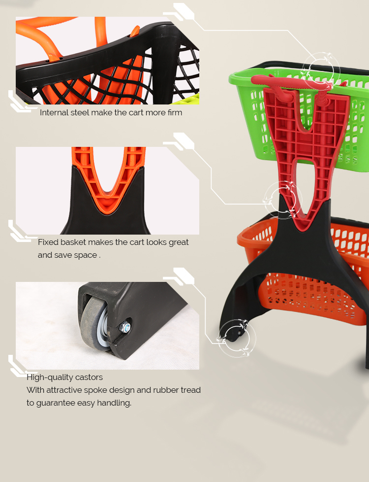 Pick-up 2 Tiers Plastic Double Baskets Shopping Trolley Cart