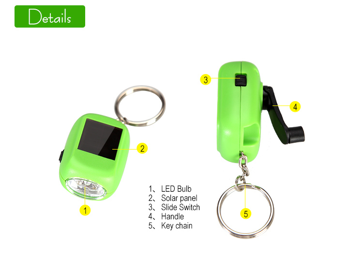 Promotion Gift Mini 2-LED Solar Hand-Crank Dynamo Keychain Flashlight