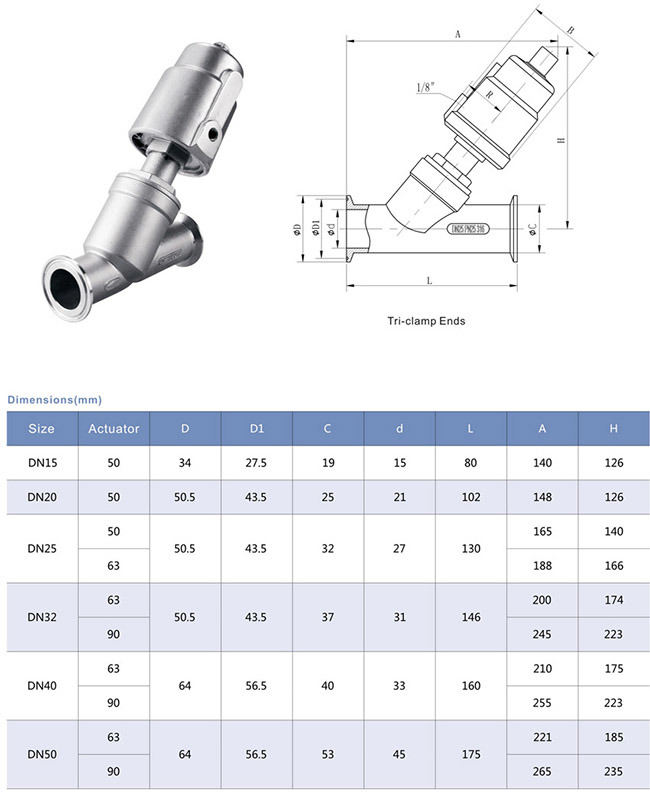 Tri-Clamp Ends Pneumatic Angle Seat Valve