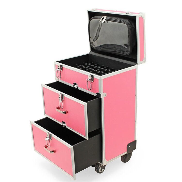 Aluminum Cosmetic Trolley Case with Double Drawers and Wheels (KeLi-LG-1025)