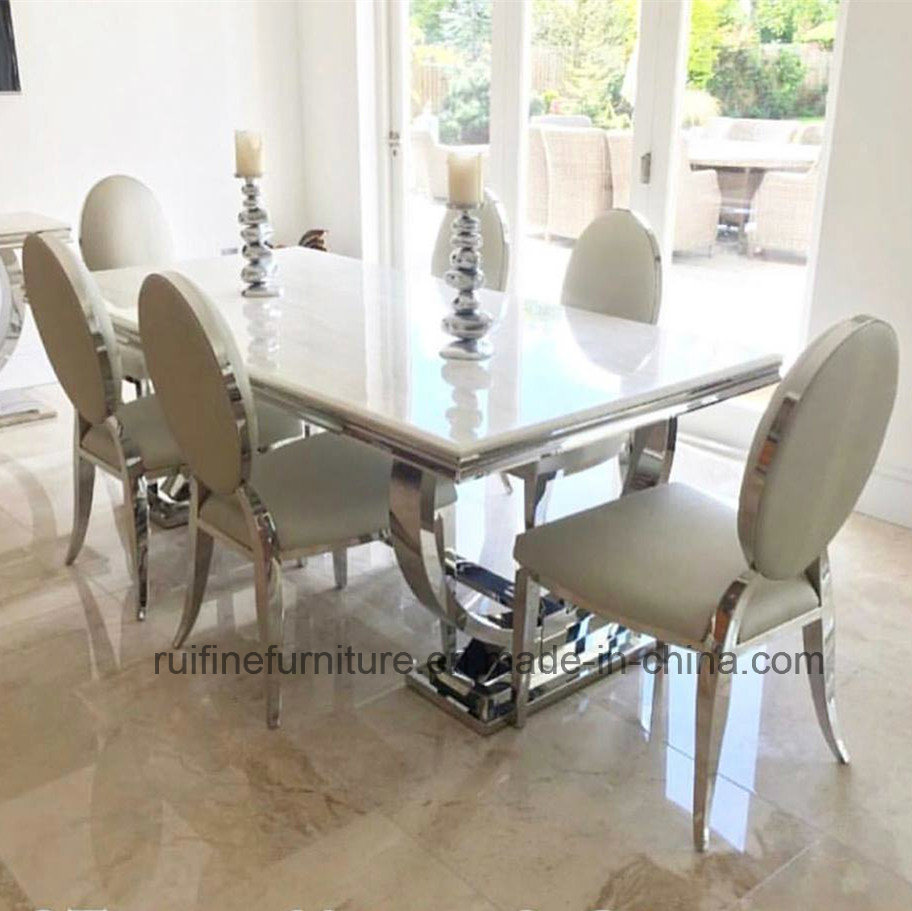 Creative Modern and Natural Arianna Grey Cream Marble Dining Table Stainless Steel Snake Skin Leather Chair