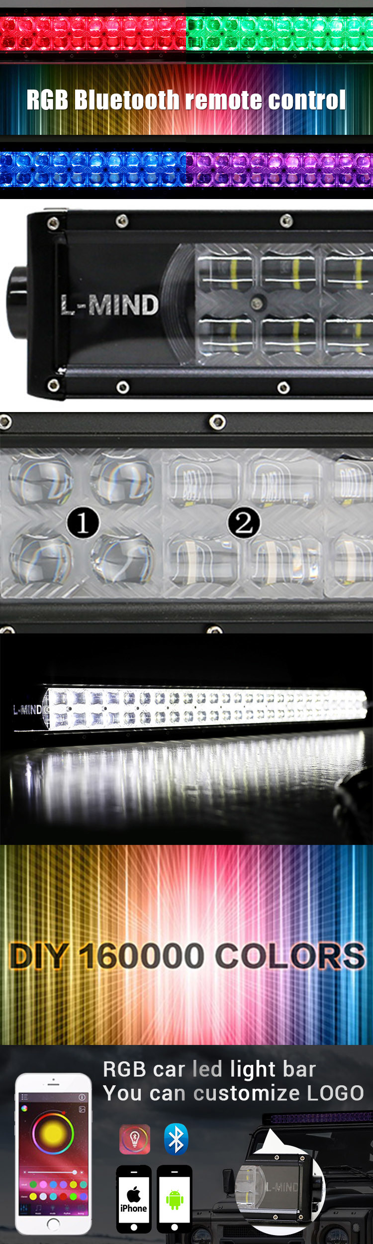 RGB LED Light Bar with Logo, Flash Multi Color LED Light Bar for ATV, SUV, UTV, 4WD, Jeep