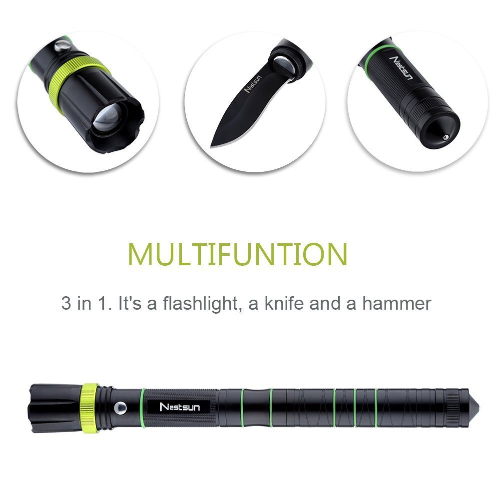 Multifunction Rechargeable Focus Adjustable LED Torch with Knife Glass Breaker Hammer Zoomable Tactical Flashlight