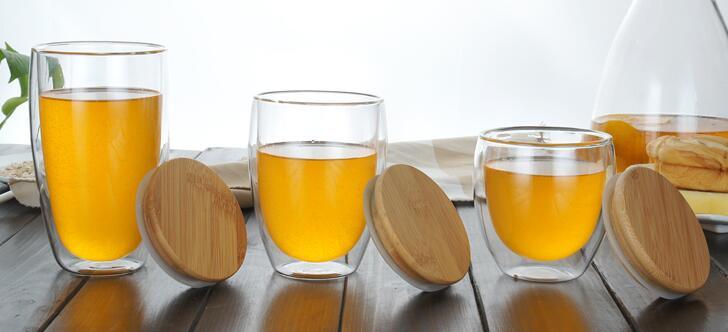 Customize Orange Juice Glass Double Wall Coffee Cup with Bamboo Lid Beverage Drink Cup
