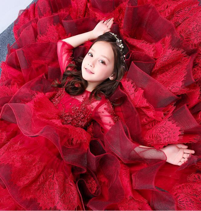 Puffy Girls Wedding Gonws Lace Stage Performance Red 3/4 Sleeves Flower Girl Dress F1511