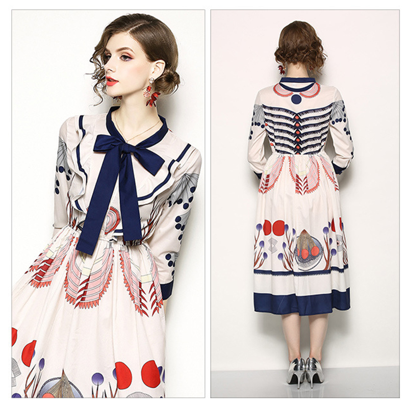 Fashion European Style Elastic Waist Printing Long Sleeve Dress