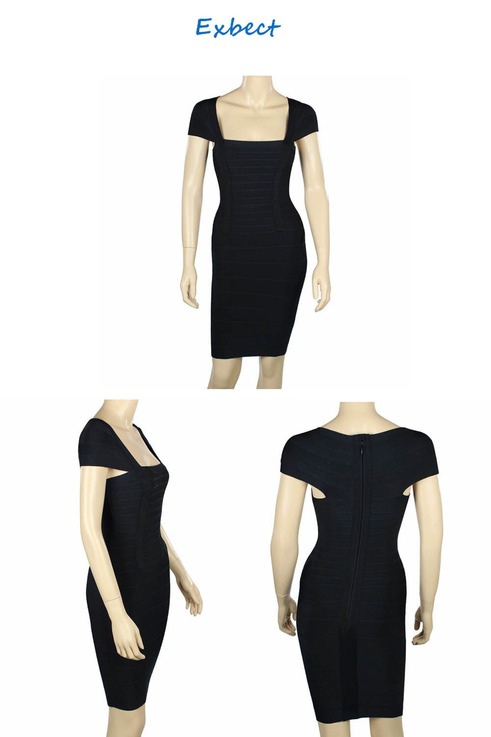 Lady Black Cap Sleeve Sexy Square Neck Short Dress