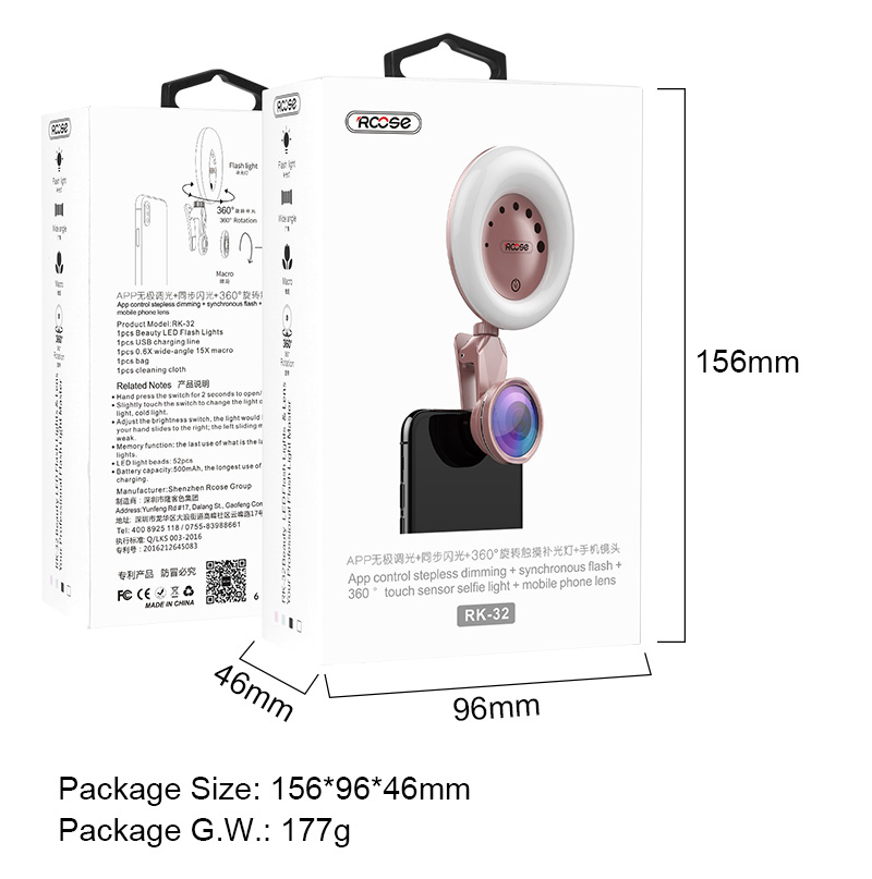 Rk32 Mini Selfie Ring Sync LED Flashlight with APP and Sensor Control Power 500mAh