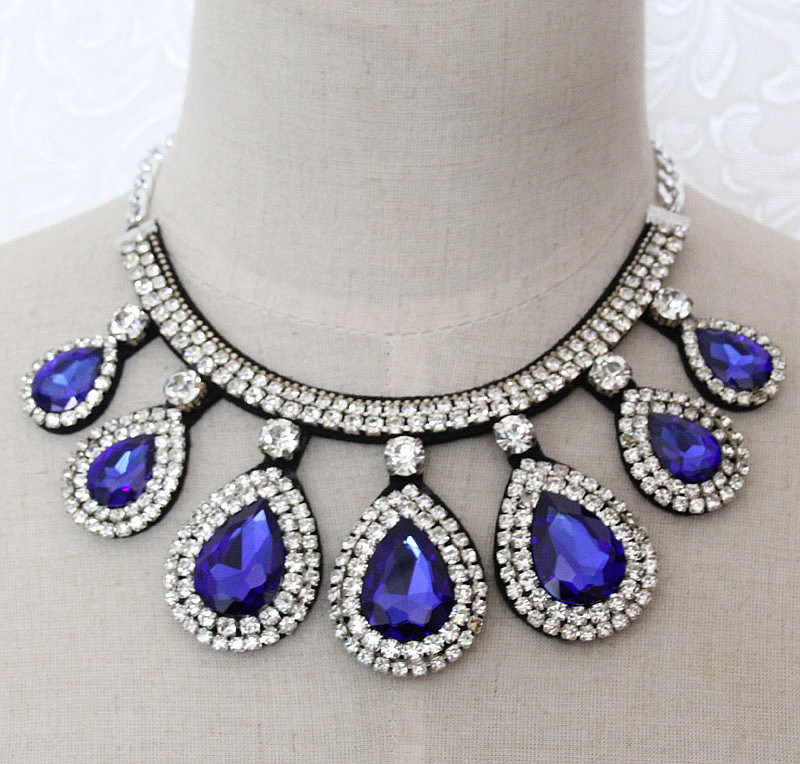 Lady Fashion Jewelry Blue Waterdrop Glass Crystal Collar Necklace (JE0196)