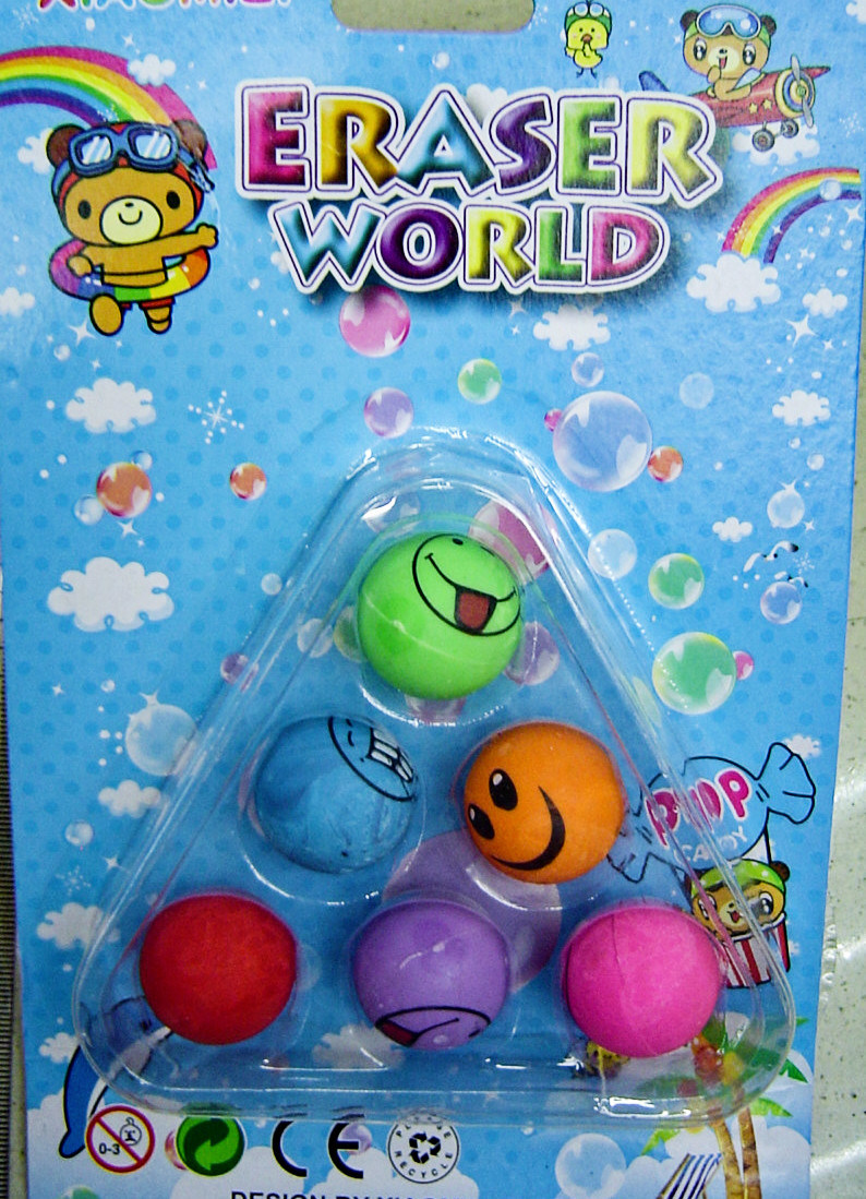 Novelty Pencil Erasers with Fish, Football, Smiley Face Designs