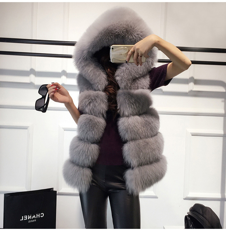 2018 Autumn Winter Fashion Faux Fur Hooded Vest Women Sleeveless Jacket Female Fake Fox Fur Sleeveless Winter Coat Casual Casaco