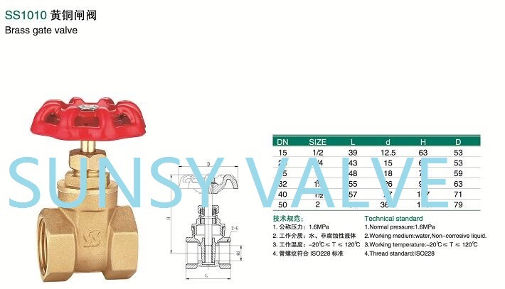 Ss1010 Bsp NPT Brass Gate Valve Brass Stem