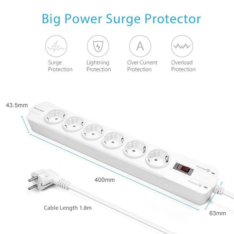 Power Sockets Power Strip EU Plug 6 Outlet 3600W Surge Protector 16A Extension Socket 1.8m Cable Grounded Ce Certificate
