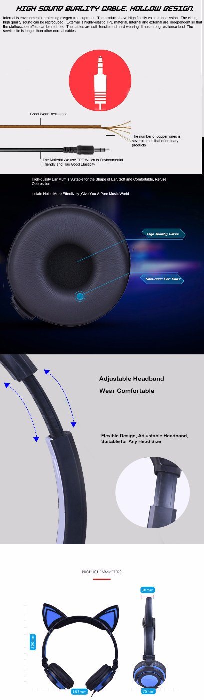 2017 Hot New Glowing Wired Chargeable Cat Ear Headphones