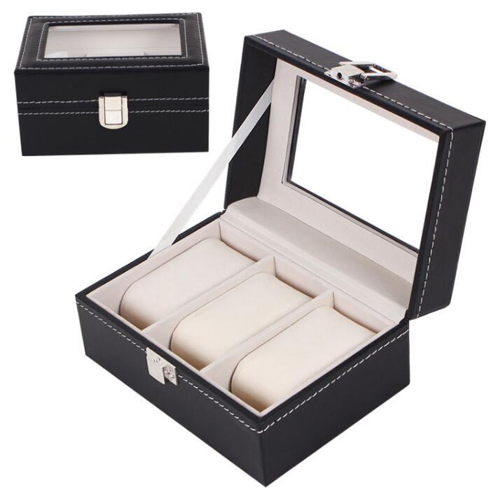 Spot Supply High Quality 3 Slots PU Leather Black Watch Storage Box, Wholesale Ready Stock PU Leather Watch Organizer Storage Case Jewelry Watch Box