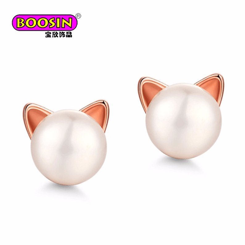 2018 New Design Fashion Lovely 925 Sterling Silver Cat Pearl Earring Studs