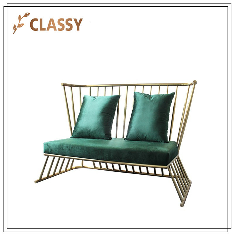 Green Flannel Rectangle Veins Golden Stainless Steel Frame Sofa