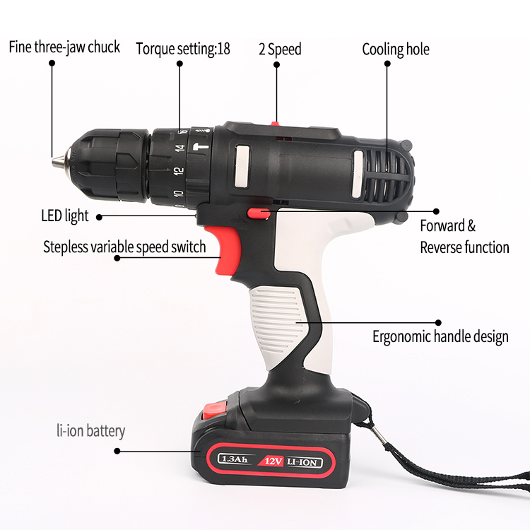 12V Li-ion Battery Rechargeable Electric Drill 10mm Cordless Power Tools
