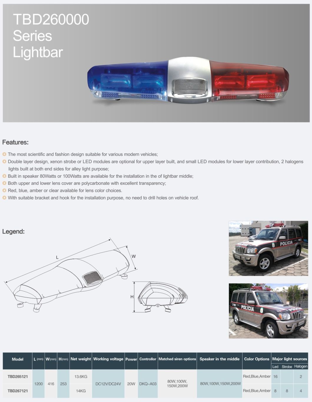 1200*416*253mm 13.6kg 80~200W 4-Color LED/Xenon/Halogen LED Lightbar