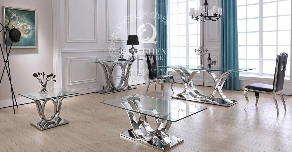 Hot Wholesale Cross Leg 6 Seater Tempered Glass Top Dining Table