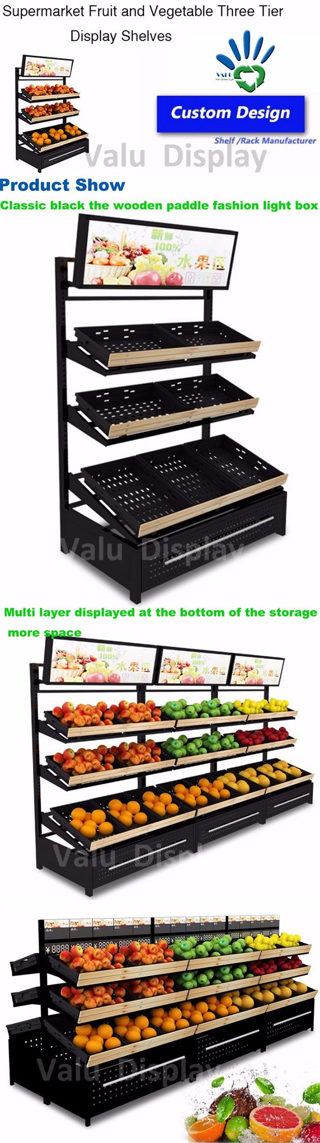 Supermarket Metallic Fruit and Vegetable Floor Display Stand Rack