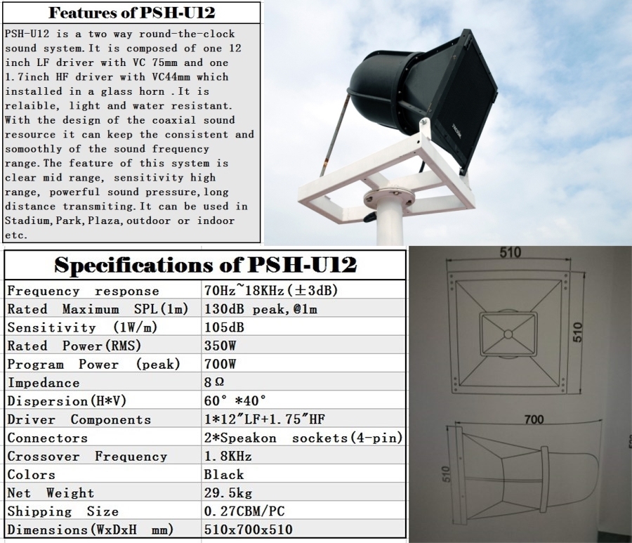 Pacrim/Admark Two-Way 12inch All-Weather Horn Speaker Psh-U12