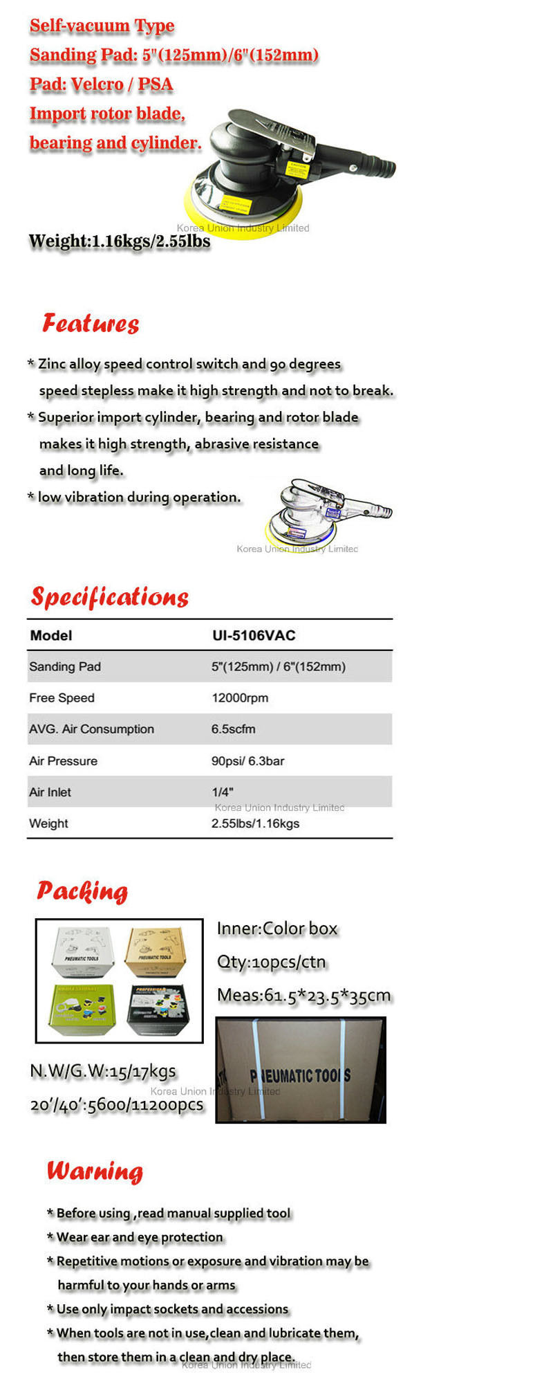 Self-Vacuum Sanding Machine 150mm Air Pneumatic Orbital Palm Polisher Ui-5106VAC