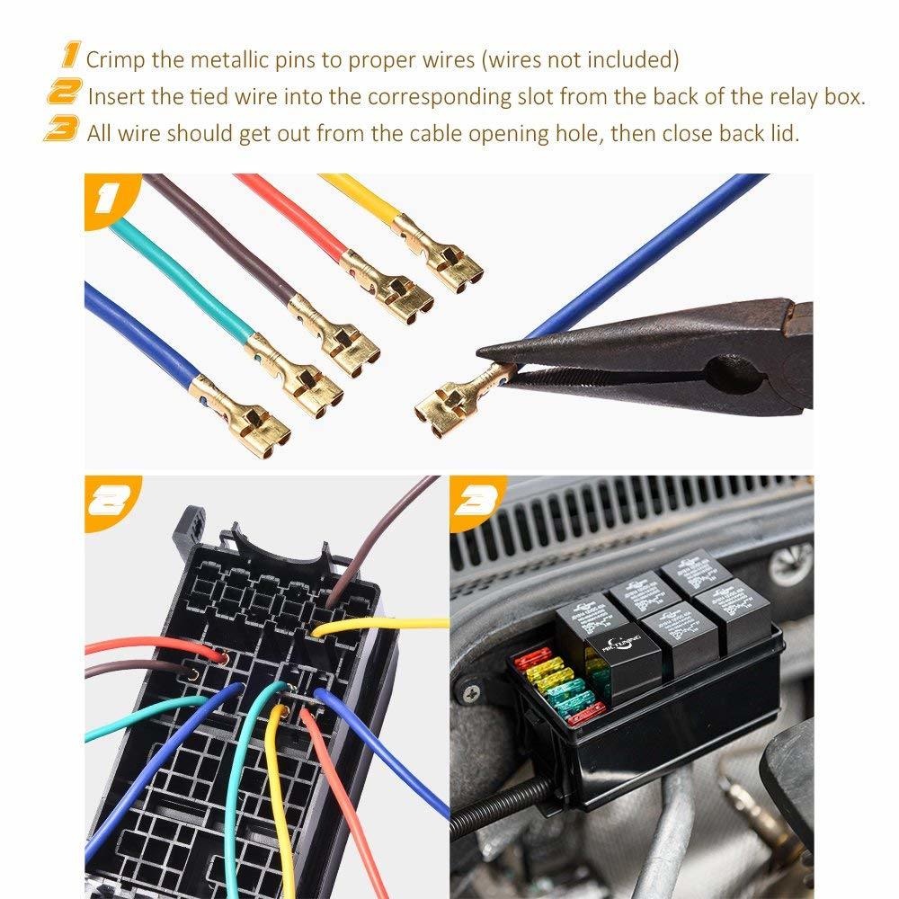 12-Slot Relay Box, 6 Relays, 6 Atc/ATO Fuses Holder Block with 41PCS Metallic Pins for Automotive and Marine Engine Bay