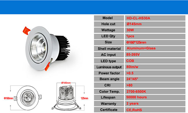 Best Selling 30W COB Dimmable LED Downlight