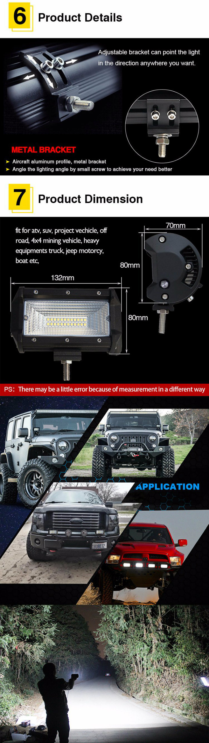 High Intensity 12 24volt Removable 72W 5inch Offroad Aurora LED Light Bar