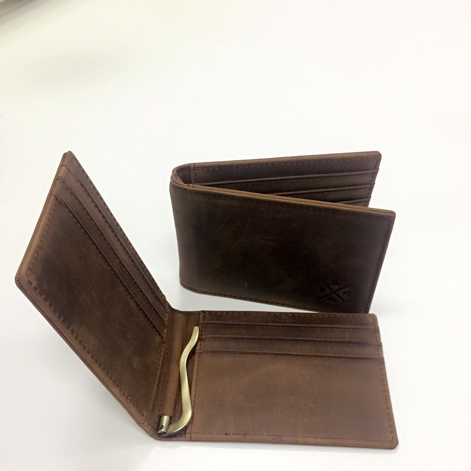 100% Copper Money Clip Card Holder Wallet Vintage Crazy Horse Leather Wallet