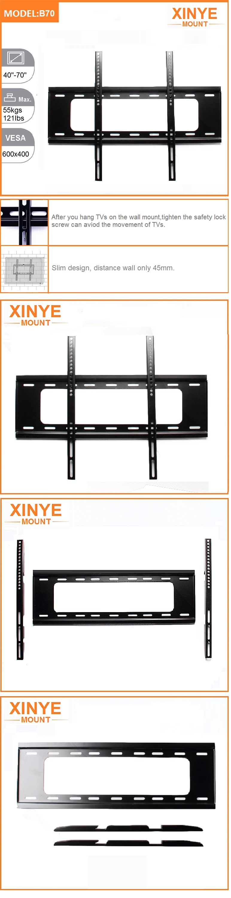 Universal Fixed TV Wall Mount for 40~70 Inch LCD LED TV
