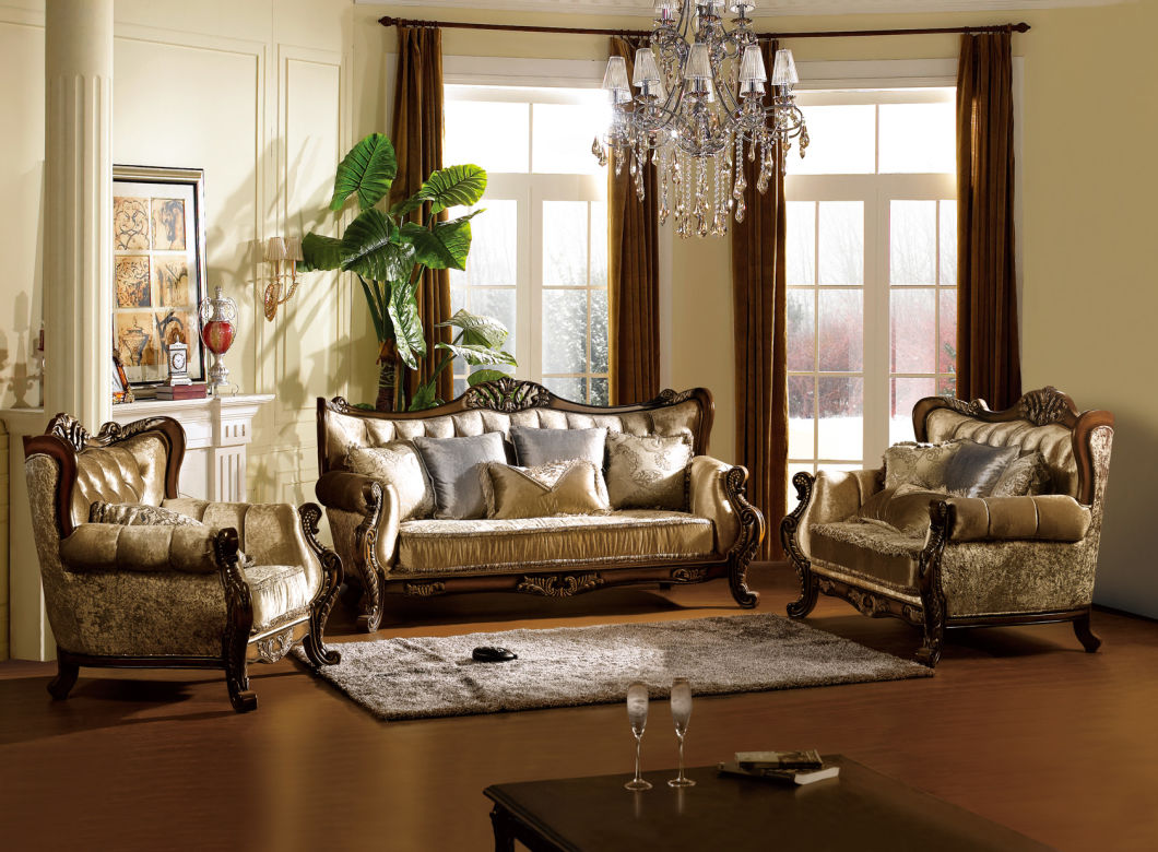 Solid Wood Sofa Sets Luxurious Fabric Sofa Sets 1+1+3 Antique Design 1 Seat Sofa 3 Seat Sofa Home Furniture