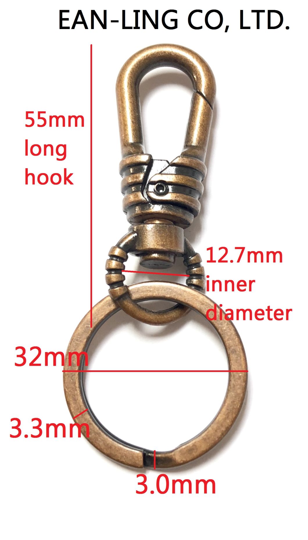 32mm Flat Split Keyring with Swivel Clip Clasp Hook for Key Attachment