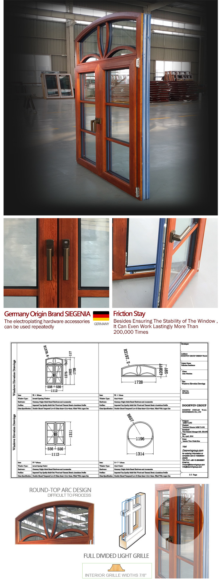 European and America Standard Aluminum Wood Casement Window with Full Divided Lites